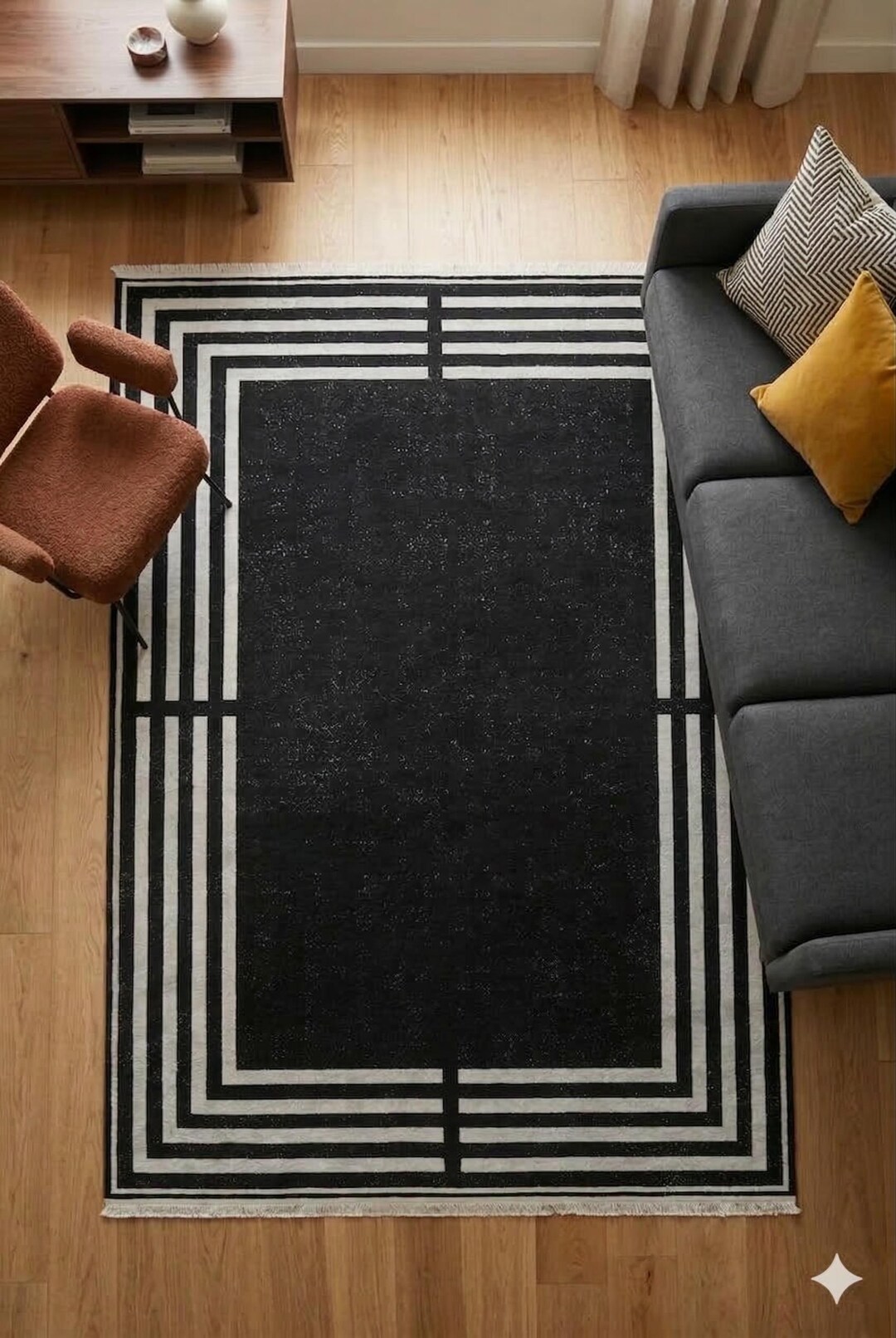 Modern Black Geometric Border Rug, Minimalist Living Room Carpet - Etsy