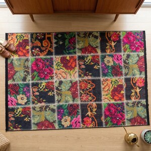 Kleurrijk patchwork vloerkleed met bloemen – Bessarabische rozenprint, vintage tapijt
