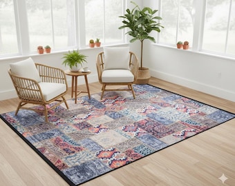 Floral Patchwork Rug: Washable Bohemian Carpet