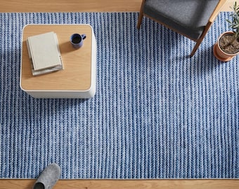 Washable Blue Striped Area Rug, Modern Scandinavian Carpet, Farmhouse Bedroom Mat