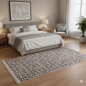 Mudcloth Tribal Area Rug, Black Ivory Fringe, Modern Scandinavian Carpet image 13