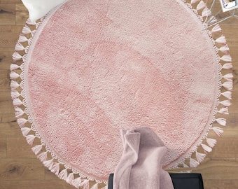 Fluffy Pink Round Rug: Modern Washable Cotton Carpet