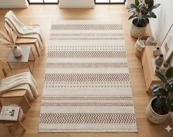 Modern bohemisk geometrisk matta – krämfärgad tribal texturerad ullmatta, 1,5 x 2,4 m