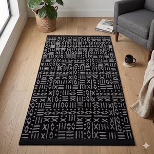 Mudcloth Runner Rug – Black Cream Geometric Tribal Boho Entryway Mat