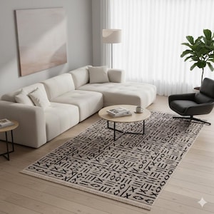 Mudcloth Tribal Area Rug, Black Ivory Fringe, Modern Scandinavian Carpet image 10