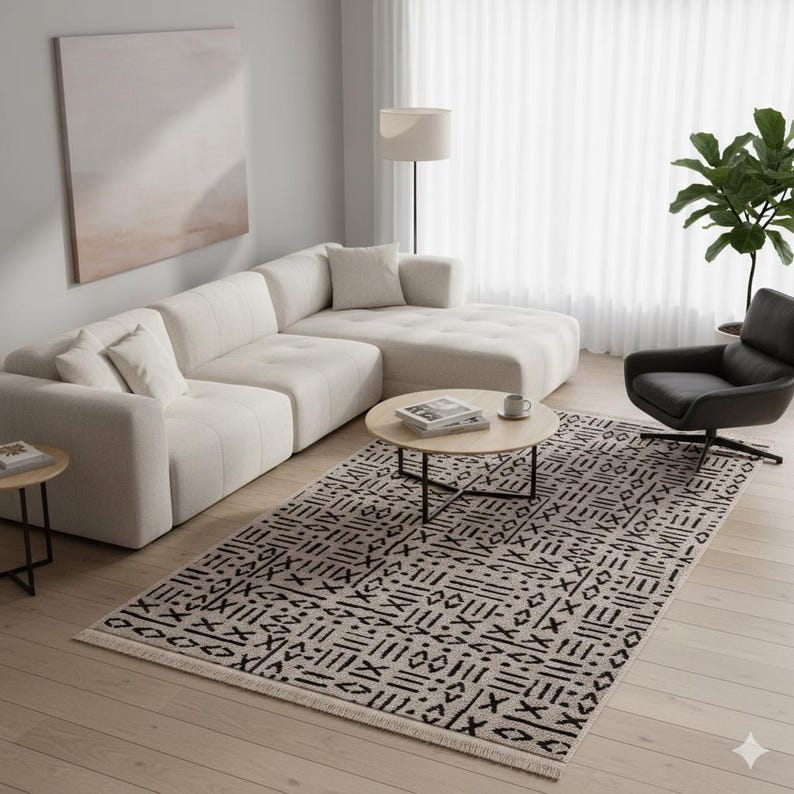 Mudcloth Tribal Area Rug, Black Ivory Fringe, Modern Scandinavian Carpet image 10
