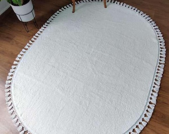 Fluffy White Rug: Washable Cotton Oval Carpet, Nursery Decor