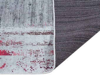Modern Distressed Area Rug – Grey Crimson Abstract Carpet, Low Pile Non-Slip Floor Decor