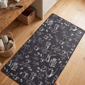 Chalkboard Coffee Kitchen Rug, Non-Slip Runner, Farmhouse Espresso Decor