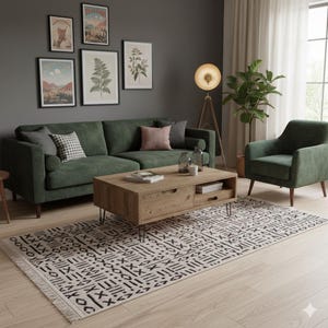 Mudcloth Tribal Area Rug, Black Ivory Fringe, Modern Scandinavian Carpet image 9