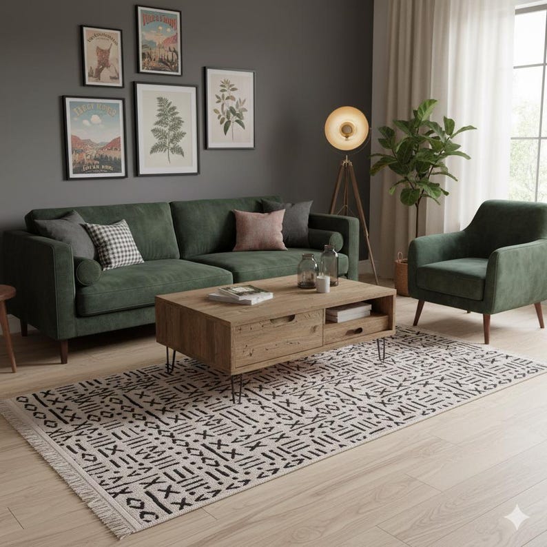 Mudcloth Tribal Area Rug, Black Ivory Fringe, Modern Scandinavian Carpet image 9
