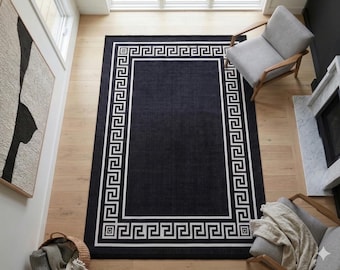 Black White Greek Key Area Rug – Modern Minimalist Meander Living Room Carpet