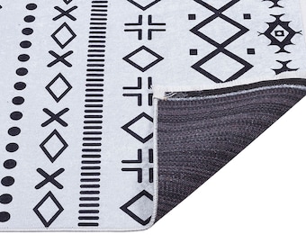 Washable Boho Geometric Rug, Scandinavian Tribal Carpet, Black Ivory Nordic Area Rug