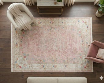 Charming Washable Pink Rug: Vintage Floral Design for a Cozy Home