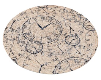 May include: Round jute rug with a pattern of black clocks on a beige background.