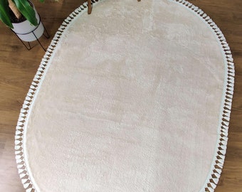 Fluffy Cream Rug: Modern Oval Cotton Carpet with Tassels