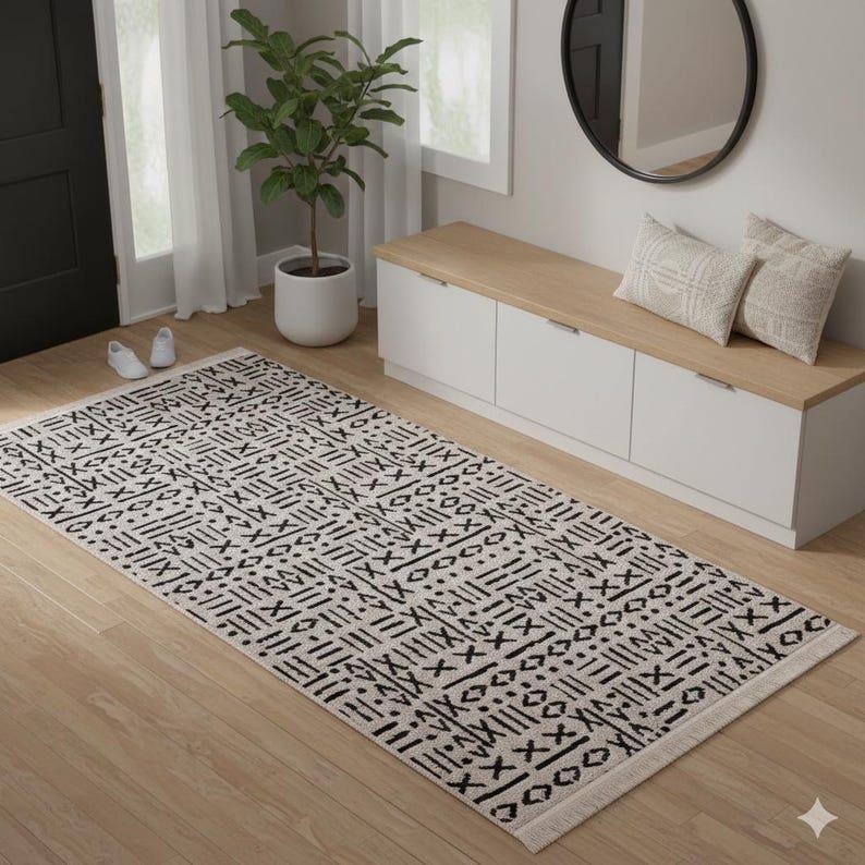 Mudcloth Tribal Area Rug, Black Ivory Fringe, Modern Scandinavian Carpet image 11