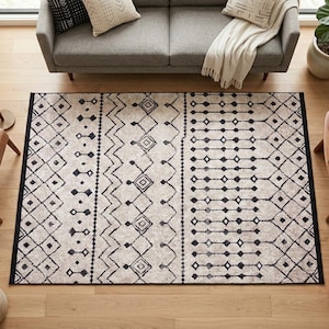 Washable Boho Tribal Rug, Neutral Cream Black Geometric Carpet