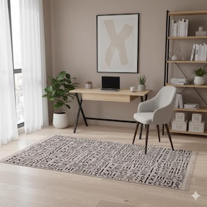 Mudcloth Tribal Area Rug, Black Ivory Fringe, Modern Scandinavian Carpet image 12
