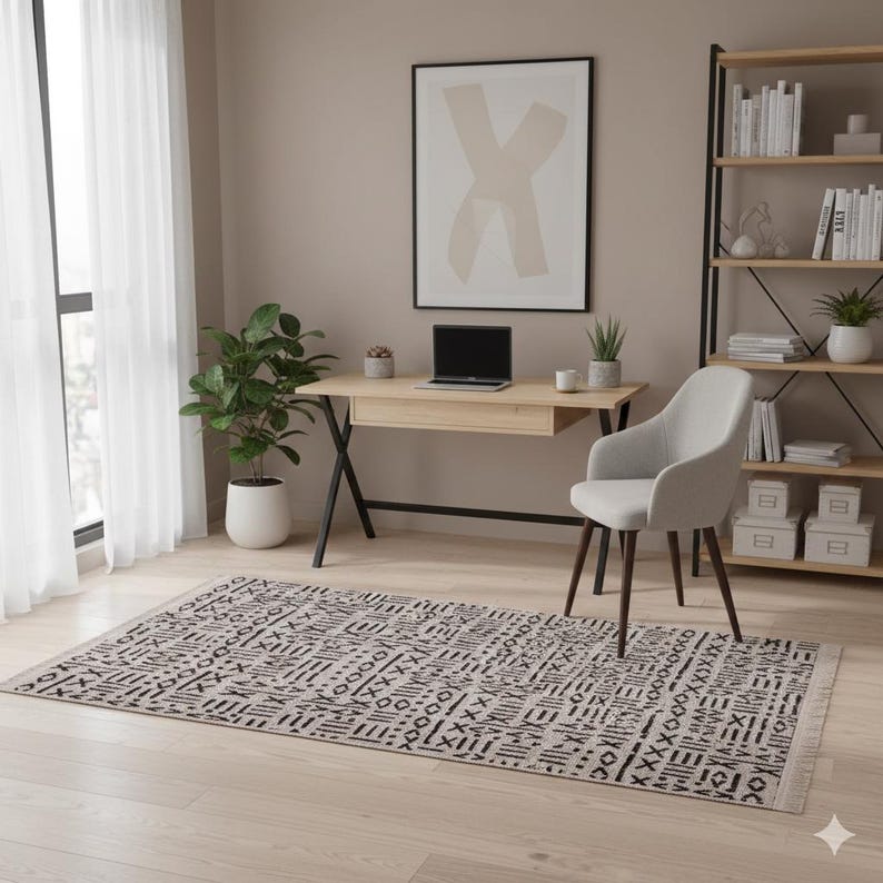 Mudcloth Tribal Area Rug, Black Ivory Fringe, Modern Scandinavian Carpet image 12