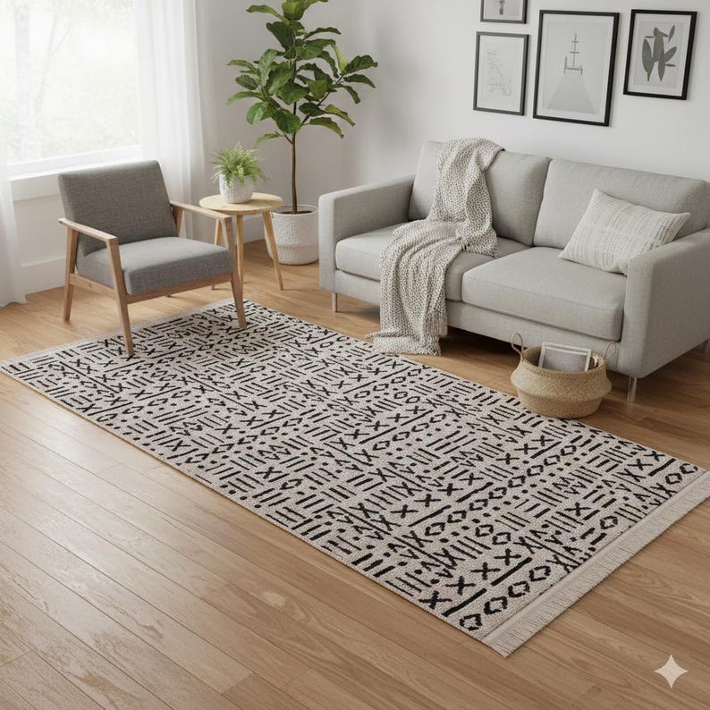 Mudcloth Tribal Area Rug, Black Ivory Fringe, Modern Scandinavian Carpet image 2