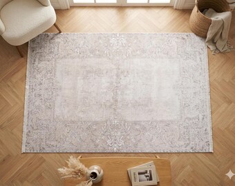 Distressed Vintage Turkish Style Area Rug – Machine Washable Cream Beige Carpet