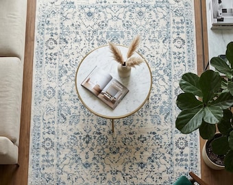 Distressed Blue Persian Style Area Rug – Boho Floral Carpet, 160x230cm