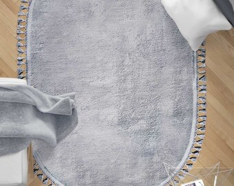 Fluffy Silver Rug: Modern Washable Cotton Carpet with Tassels