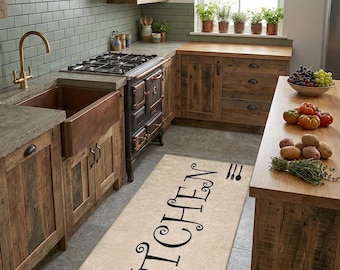 Tapete de cocina grande, caligrafía decorativa, alfombra de estilo rústico