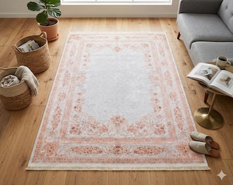 Blush Pink Vintage Floral Area Rug – Washable Traditional Carpet with Border