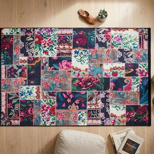 Colorful Floral Patchwork Rug – Boho Maximalist Area Carpet, Washable Non-Slip Home Decor