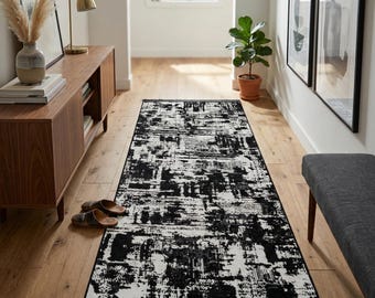 Modern Abstract Runner Rug – Black White Distressed Geometric Texture Scandi Style Mat