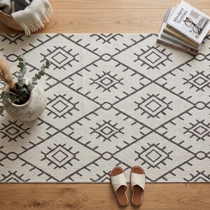 Washable Chenille Area Rug, Neutral Boho Geometric Tribal Carpet, Farmhouse Living Room Décor