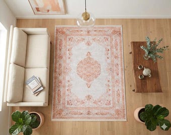 Distressed Oriental Medallion Rug, Boho Blush Carpet, Washable Living Room Area Rug