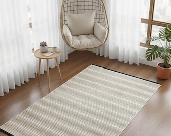 Modern Cream Striped Area Rug – washable Contemporary Floor Carpet for Living Room & Office