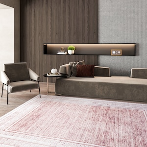 Classic Rug, Turkish Rug, Washable Carpet, Bohemian Rug, Pink Rug, Border rug, Rug for living room, Plain rug with border