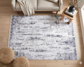 Modern Geometric Area Rug, Gray White Living Room Carpet, Washable Neutral Textured Mat