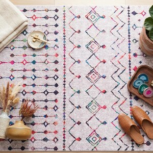 Boho Moroccan Area Rug – Colorful Tribal Geometric Carpet, Washable Bohemian Living Room