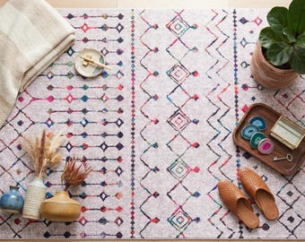 Boho Moroccan Area Rug – Colorful Tribal Geometric Carpet, Washable Bohemian Living Room
