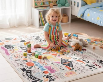 Kids Playroom Rug – Doodle Art Kitchen & Vegan Food Area Carpet