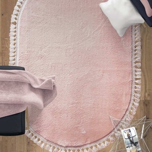 Luxurious Washable Pink Fluffy Rug: Modern Oval Shaggy Carpet for Bedroom Decor