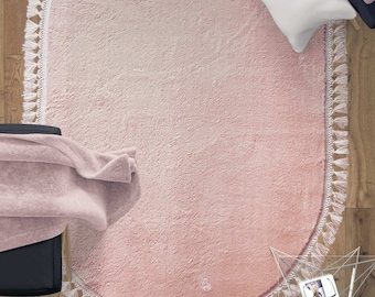 Luxurious Washable Pink Fluffy Rug: Modern Oval Shaggy Carpet for Bedroom Decor