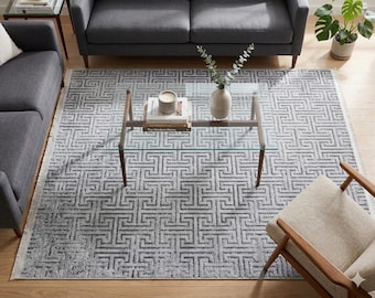 Modern Greek Key Area Rug – Gray Geometric Carpet, Minimalist Living Room Decor