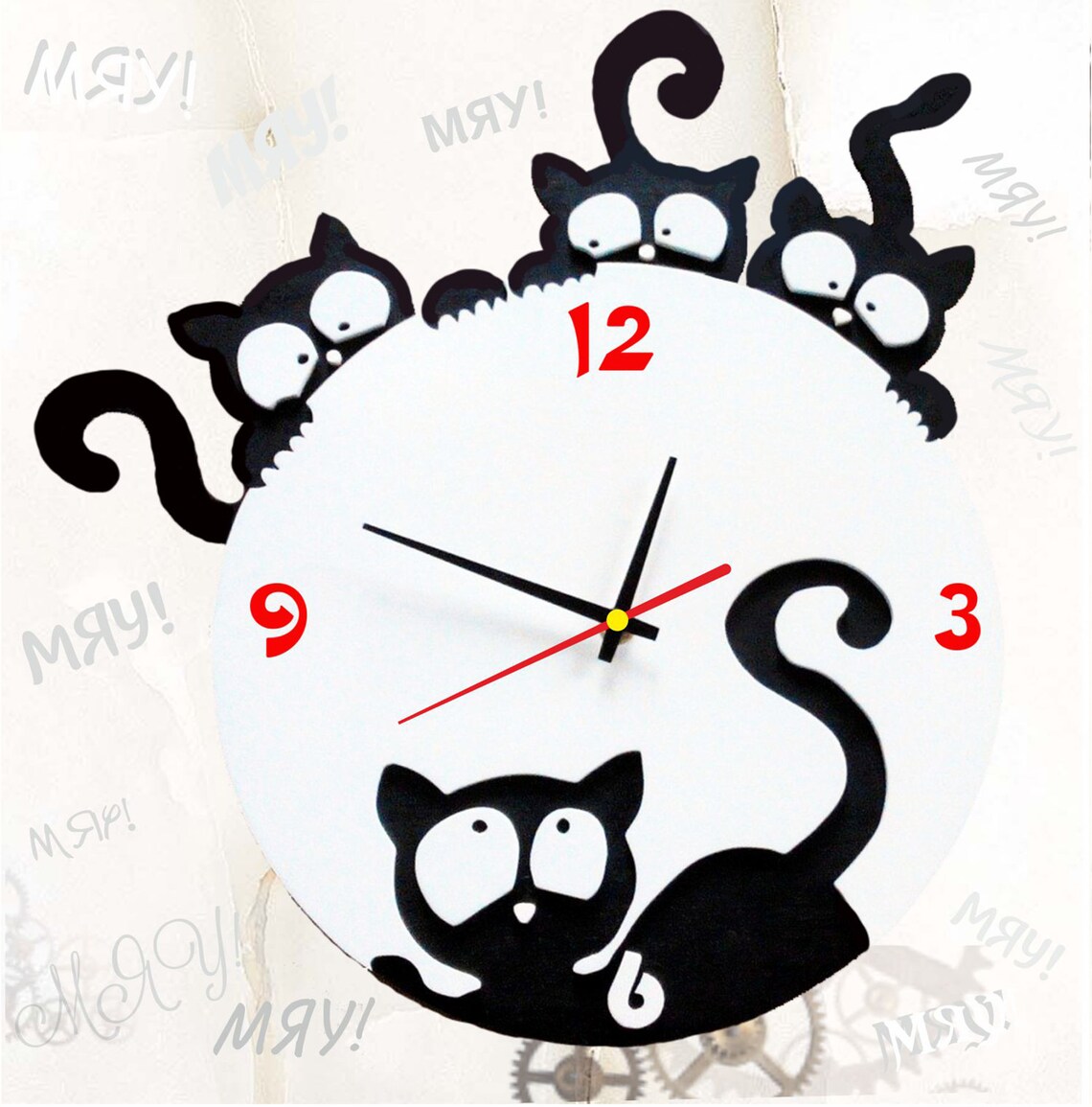 Black or White Kitty Cat Wall Clock Fun Wall Decor Creative Etsy