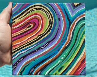 rainbow abstract linework acrylic painting - 6 x 6 in square