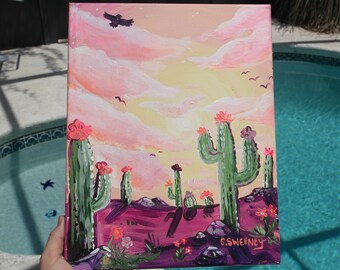 pretty n' pink desert sunrise acrylic painting - 14 x 11 in stretched canvas