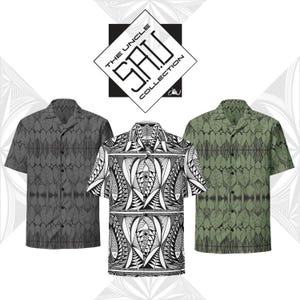 May include: Three short-sleeved button-down shirts with unique patterns. One is dark gray with a leaf design, another is black and white with an abstract fish pattern, and the third is olive green with a leaf design. The shirts are from "The Uncle S.A.U. Collection."