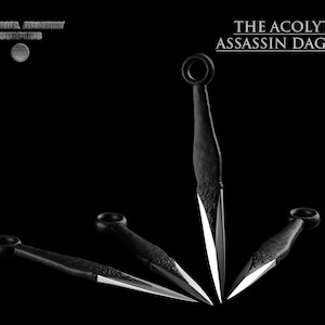 May include: Four black throwing daggers with silver blades and a ring at the top of the handle. The daggers are arranged in a star shape on a black background. The text "THE ACOLYTE ASSASSIN DAGGER" is at the top of the image.