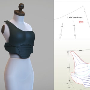 May include: A 3D model of a one-piece, dark green, segmented chest armor. The armor is designed to be worn on the left side of the body and has a curved shape. The model is shown in a 3D rendering program, with measurements in millimeters.