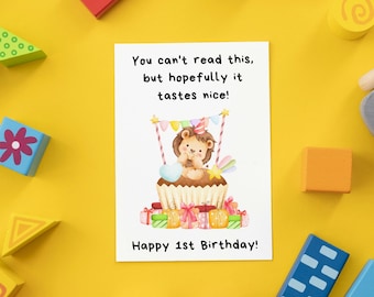 Funny 1st Birthday Card | You Can't Read This But Hopefully It Tastes Nice | Cute Watercolour Baby Jungle Lion | First Bday Card For Child